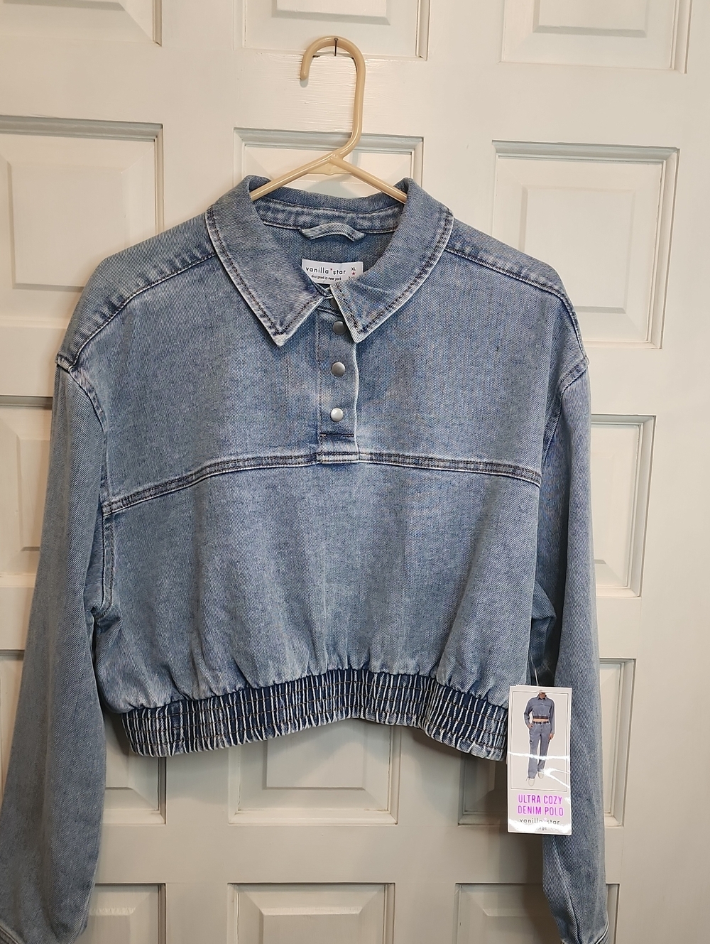 VANILLA STAR ULTRA COZY Denim Polo Crop Top or Jacket - Light Blue NWT